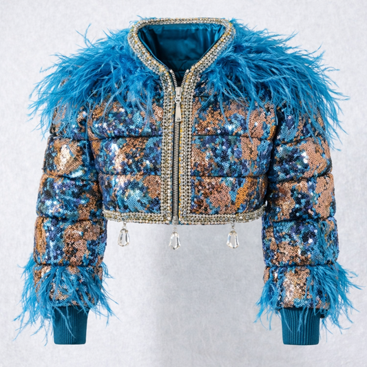 Puffer fantasy sequin feathers and bling