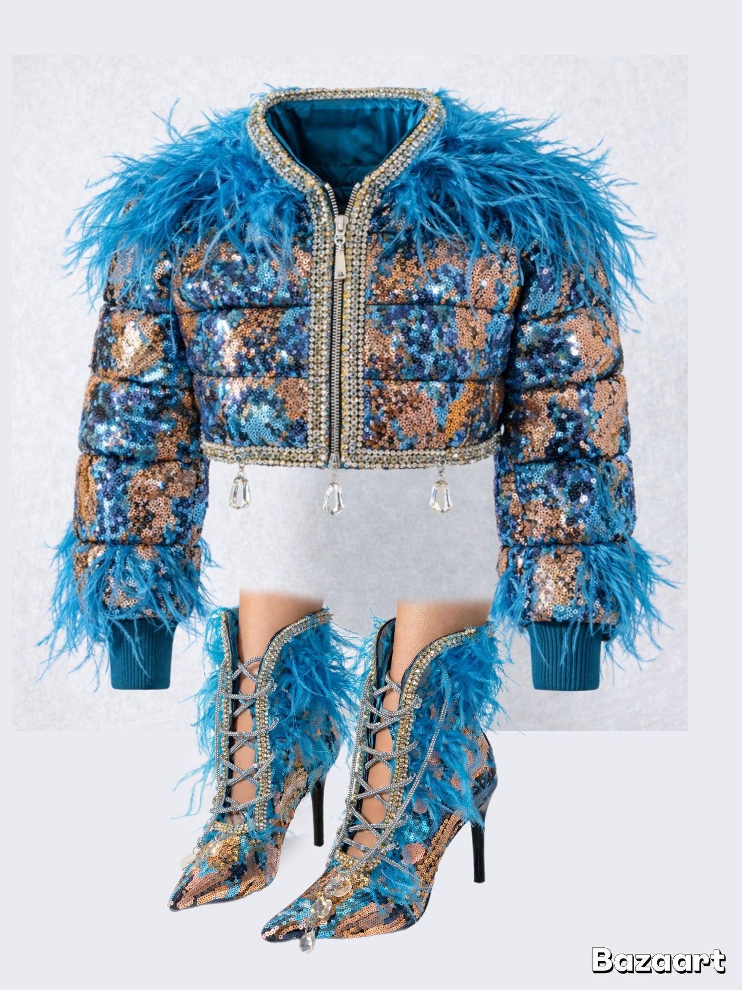 Heels fantasy sequin feathers and bling