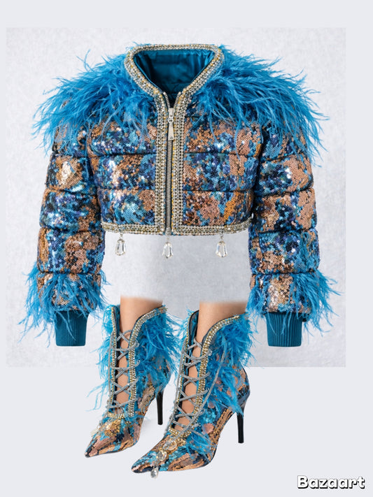 Heels fantasy sequin feathers and bling