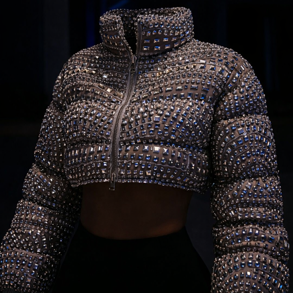Custom made puffer crystal overload crop jacket